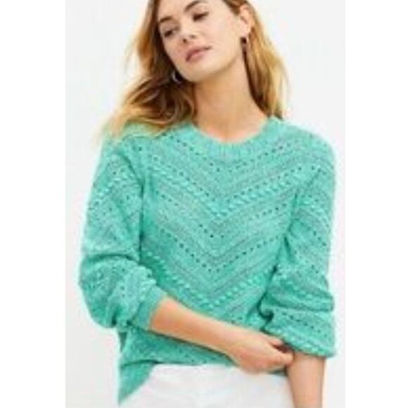 LOFT Bobble Pointelle Balloon Sleeve Pullover Knit Sweater Green Size Medium - Picture 1 of 8
